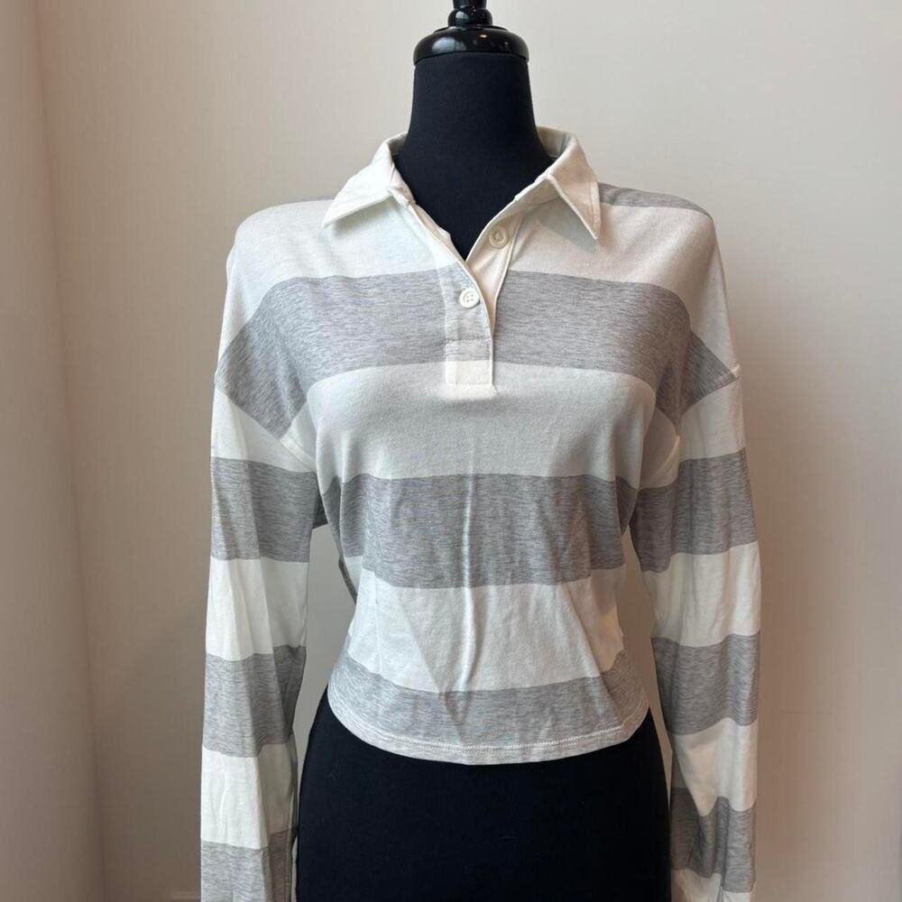 NEW Sonoma grey and white striped long sleeve cropped polo shirt size medium